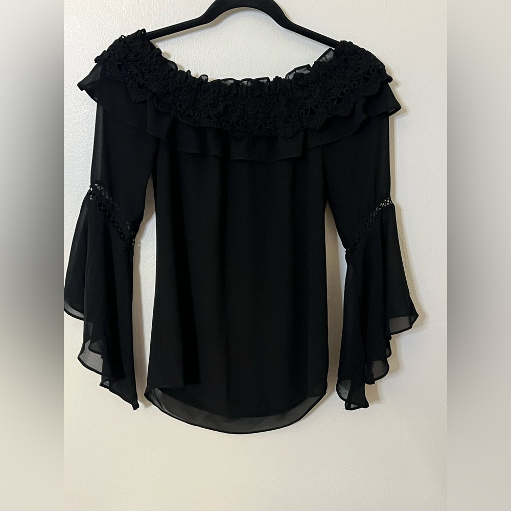 WHBM Black Off Shoulder Lace Ruffle Top XS Sheer Bell Sleeves